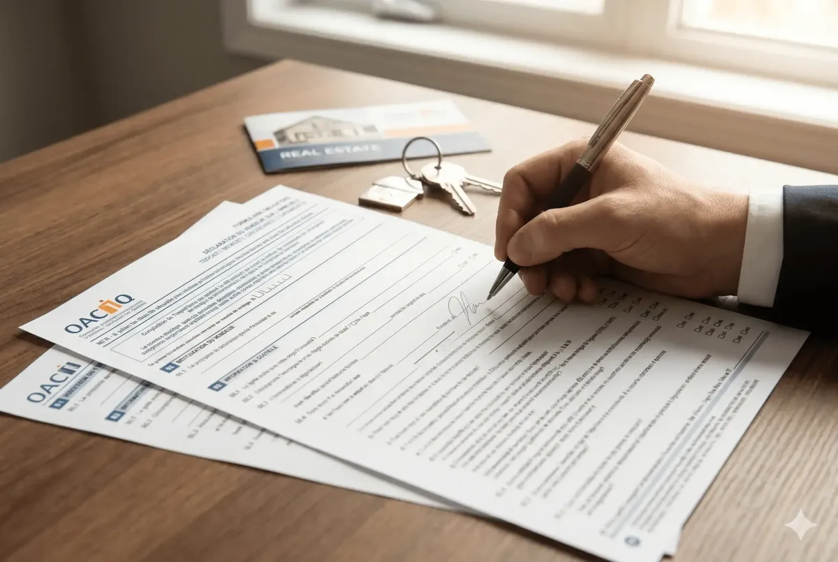 Vendeur québécois signant la déclaration du vendeur pour une transaction immobilière