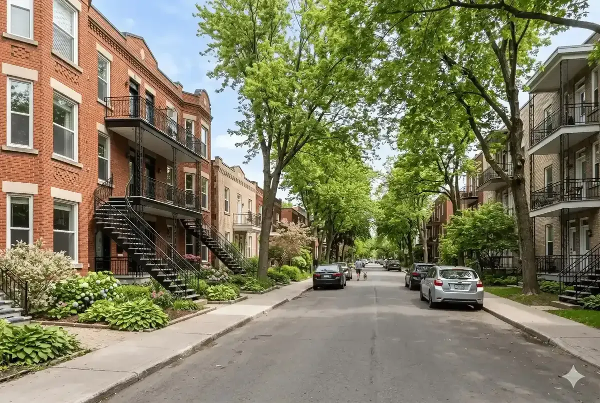 Rue résidentielle de NDG à Montréal, duplex en briques et arbres matures au printemps