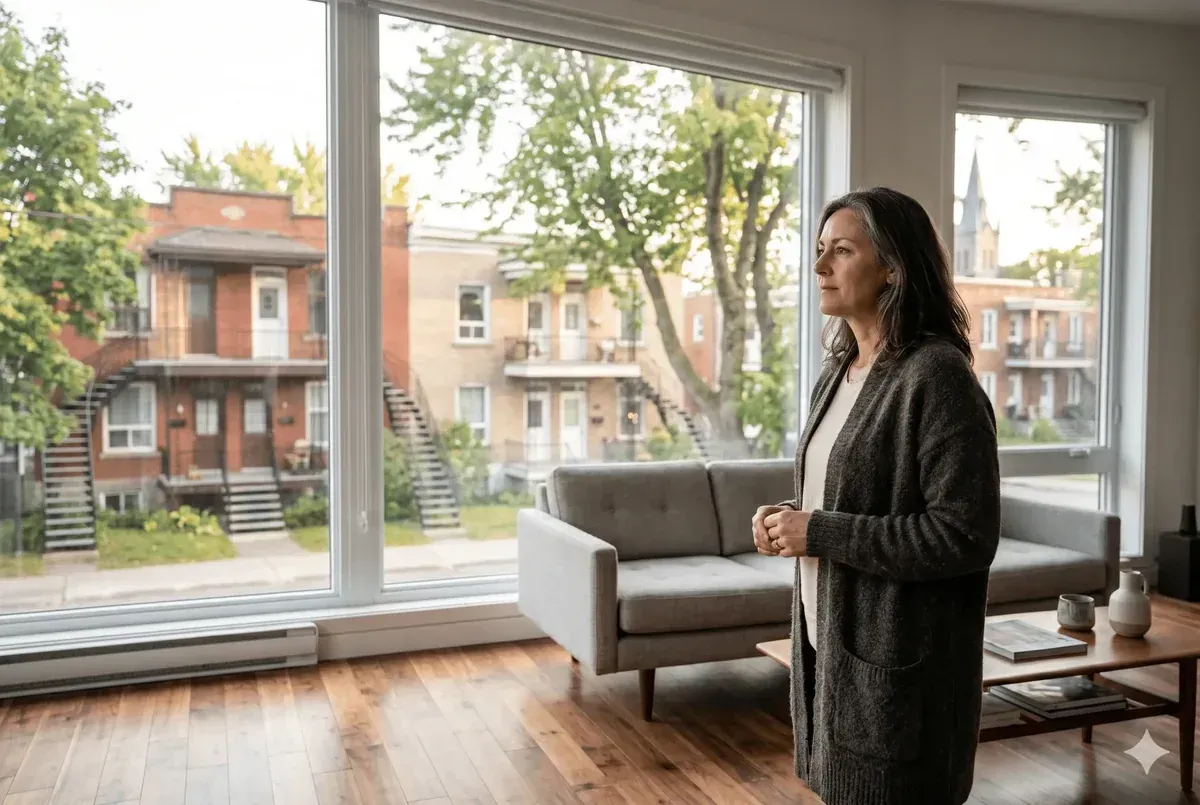 Propriétaire québécois à la fenêtre regardant son quartier, réflexion sur le changement de propriété
