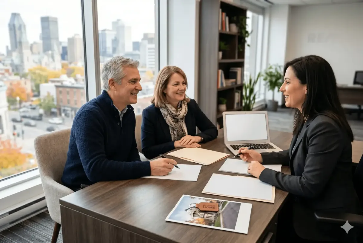 Couple québécois discutant de financement hypothécaire avec un courtier, planification de vente et rachat
