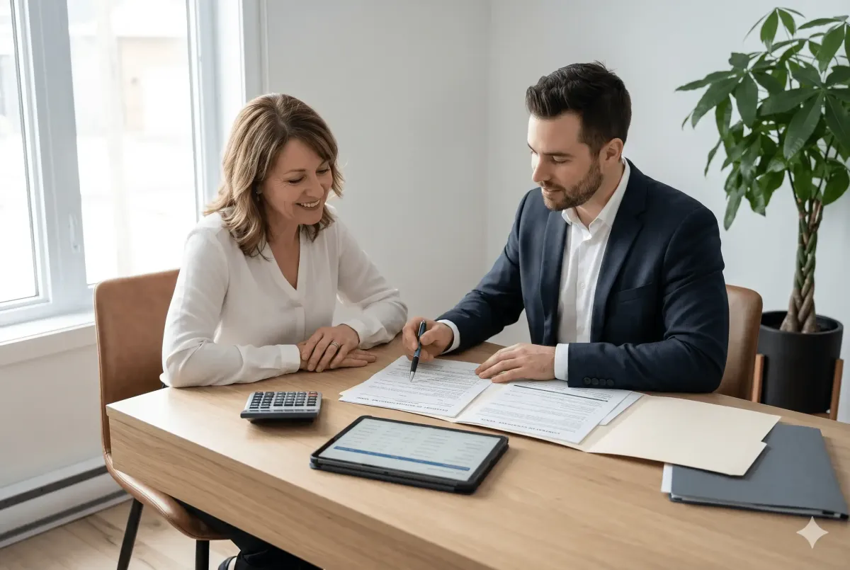 Vendeur québécois et courtier immobilier signant un contrat de courtage avec calculatrice et documents