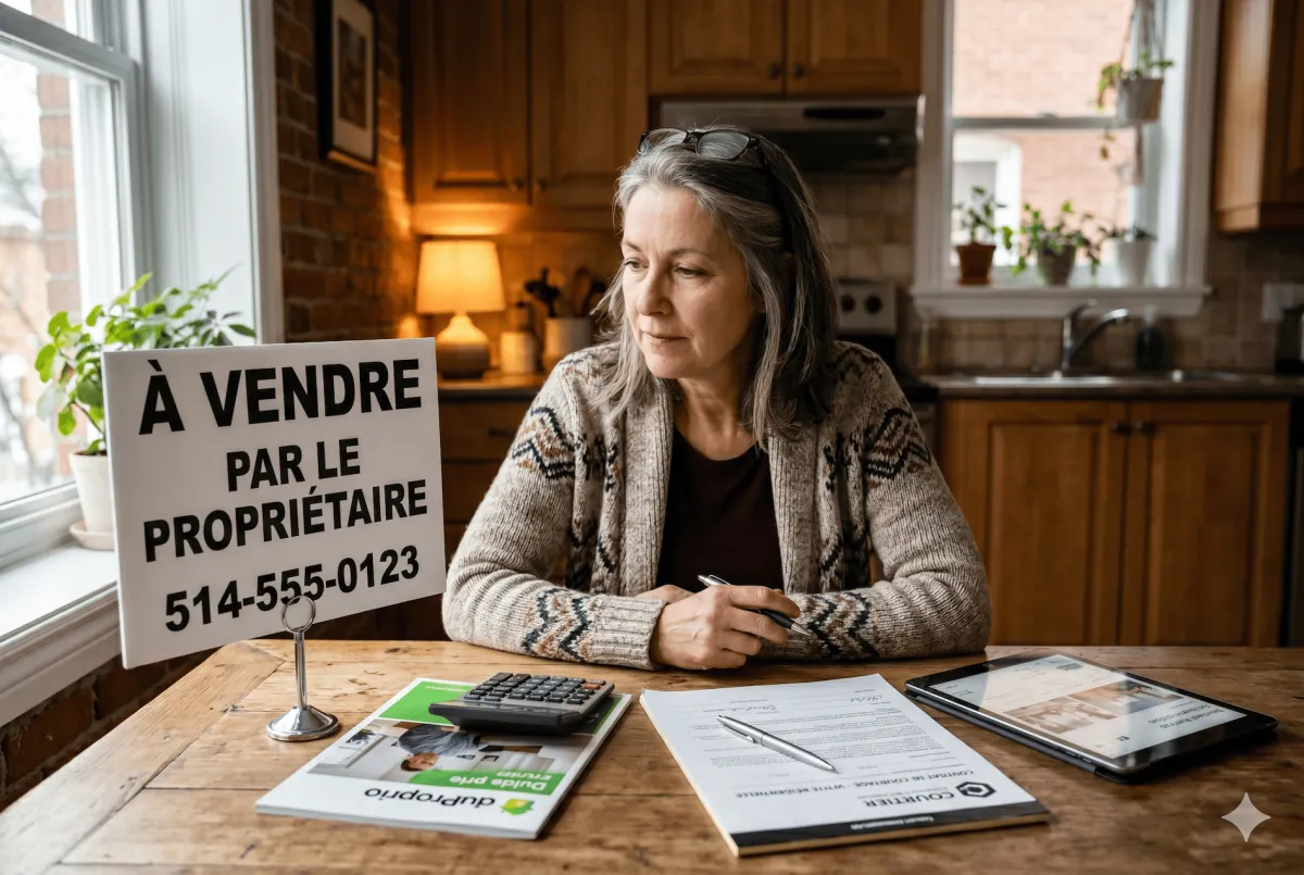 Propriétaire québécois comparant une affiche à vendre sans courtier et un contrat de courtage sur une table de cuisine