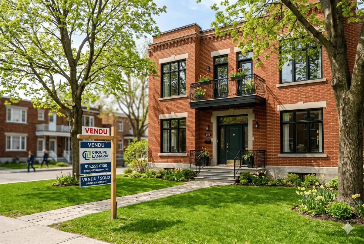 Pancarte vendue devant une maison québécoise illustrant le délai de vente d'une propriété