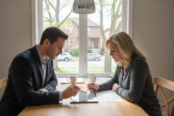 Propriétaire et courtier immobilier consultant une analyse comparative du marché pour fixer le prix d'une maison à LaSalle