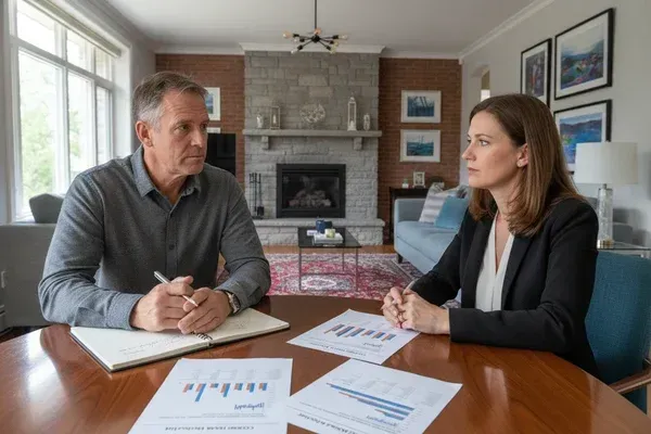Propriétaire québécois en entrevue avec un courtier immobilier pour évaluer un mandat de vente