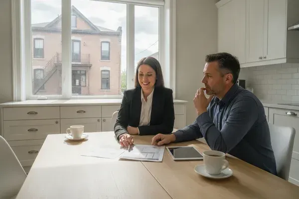 Courtier immobilier et propriétaire analysant les prix comparables pour une maison à vendre à Verdun