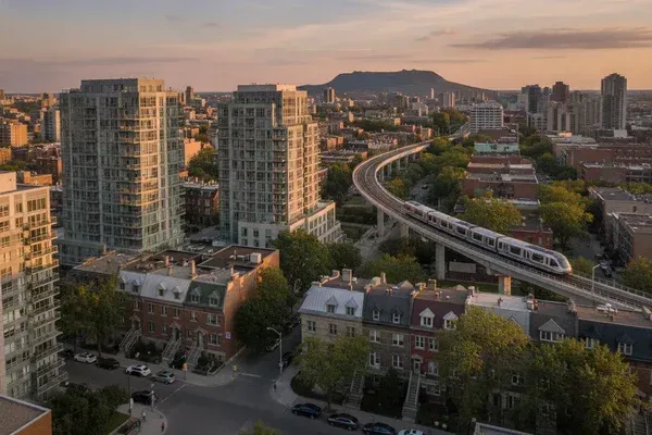 Vue urbaine de Montréal montrant un mélange de quartiers résidentiels et le REM en arrière-plan, illustrant les tendances du marché immobilier
