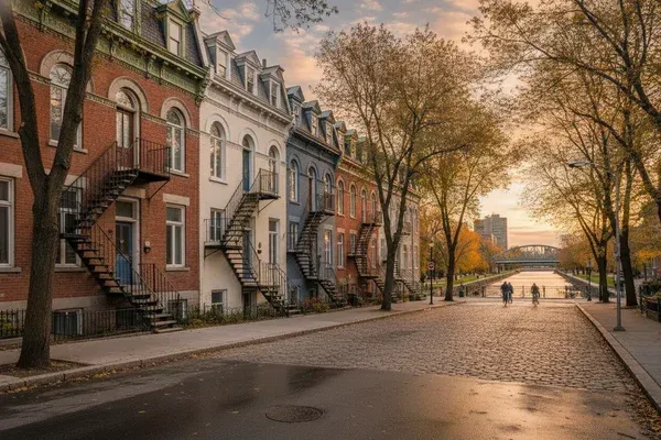 Plex traditionnels avec escaliers extérieurs près du canal de Lachine à Saint-Henri, illustrant la vie de quartier dans le Sud-Ouest de Montréal