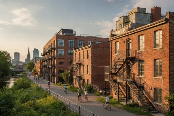 Maisons en rangée et lofts convertis le long du canal de Lachine à Pointe-Saint-Charles, quartier du Sud-Ouest de Montréal