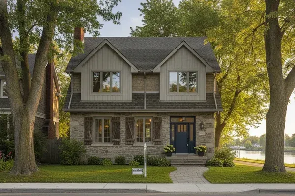 Maison résidentielle près du canal de Lachine avec pancarte à vendre, marché immobilier de l'ouest de Montréal