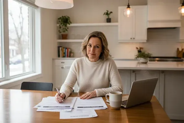 Propriétaire révisant les documents de renouvellement hypothécaire à sa table de cuisine au Québec