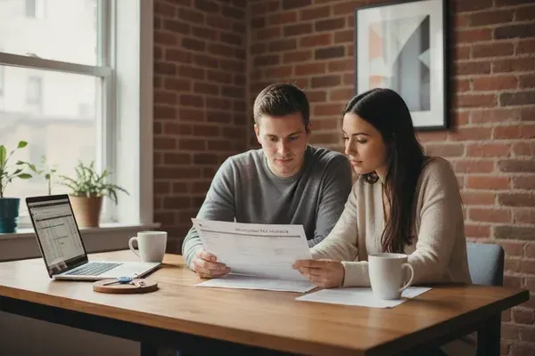 Acheteur calculant sa taxe de bienvenue devant une propriété résidentielle à Montréal