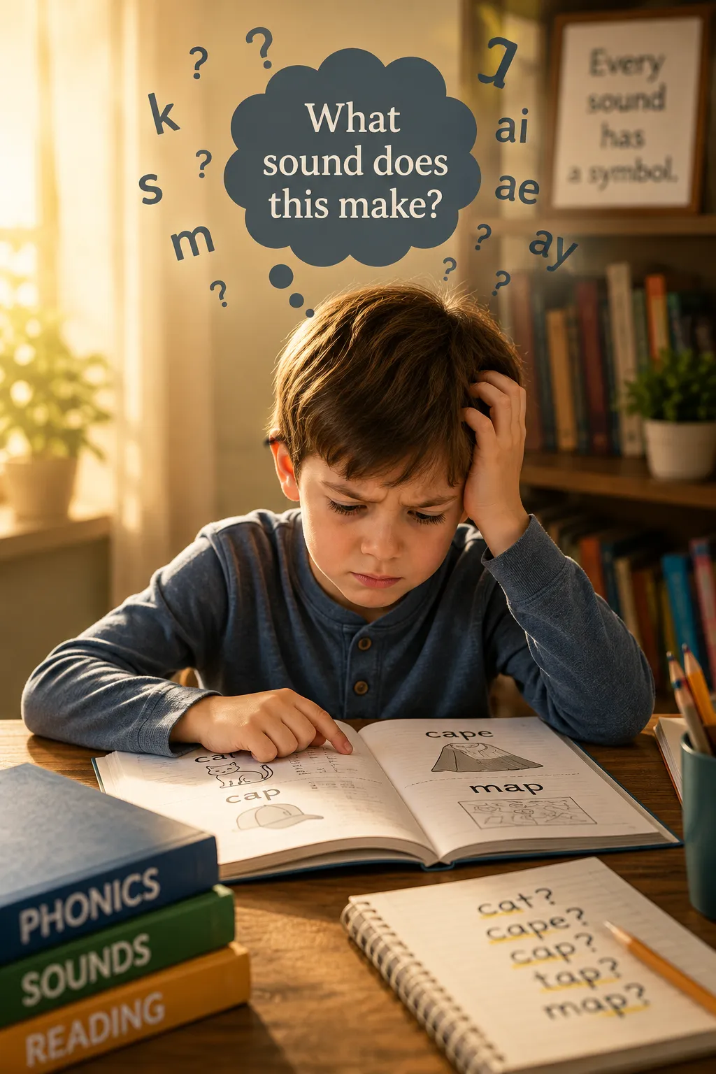 A child looking thoughtfully at complex English text, representing the leap from simple phonics to fluent reading.
