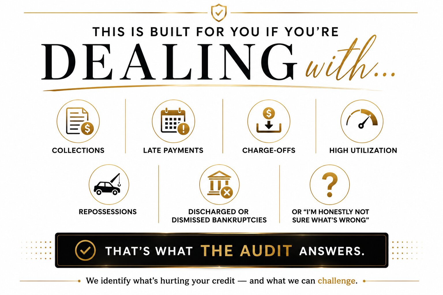 Header: Bad credit isn't just a number. It decides your interest rates. Your deposits. Your approvals. It's the pause at the dealership, the "unfortunately" email from the apartment, the feeling of being judged by mistakes you've already outgrown — some of which may not even be reported accurately. You didn't land on this page by accident. Something on your credit is standing between you and the car, the home, the apartment, or the funding you're working toward. Here's the good news: you don't have to figure it out alone — and you don't have to hand your money to a mystery company on the internet, either.