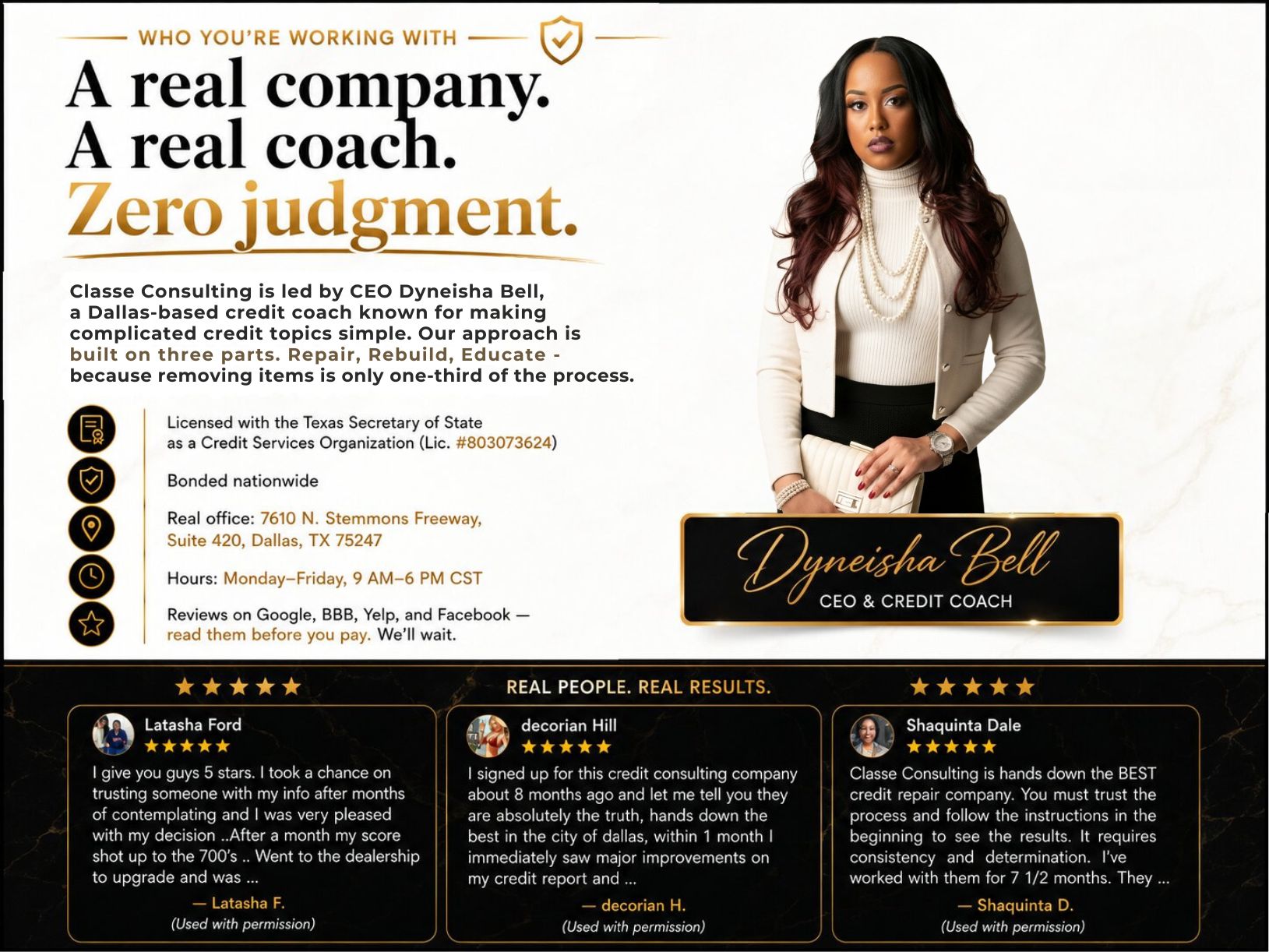 Header: Bad credit isn't just a number. It decides your interest rates. Your deposits. Your approvals. It's the pause at the dealership, the "unfortunately" email from the apartment, the feeling of being judged by mistakes you've already outgrown — some of which may not even be reported accurately. You didn't land on this page by accident. Something on your credit is standing between you and the car, the home, the apartment, or the funding you're working toward. Here's the good news: you don't have to figure it out alone — and you don't have to hand your money to a mystery company on the internet, either.
