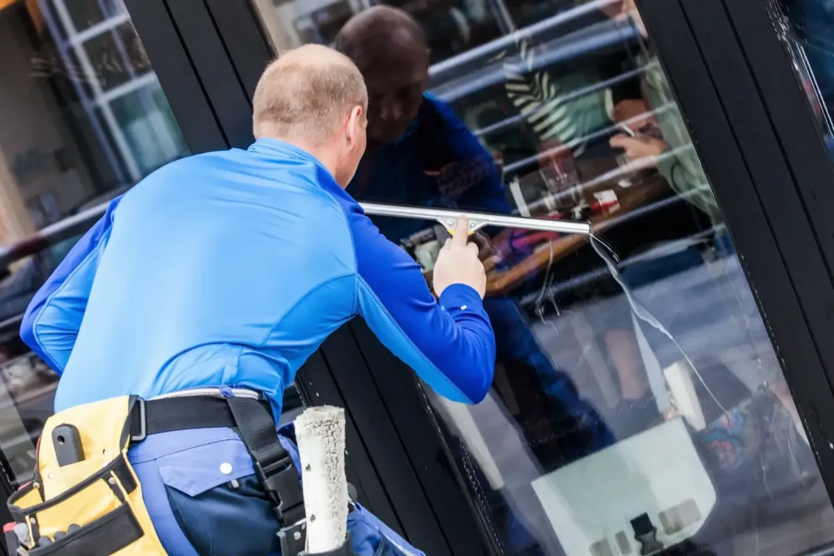 TuClean Commercial cleaning service team in professional cleaning uniforms doing floor cleaning with a mop and dusting furniture