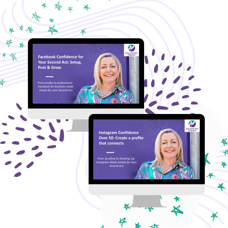 two computer screens showing  the two online course title slides on them 