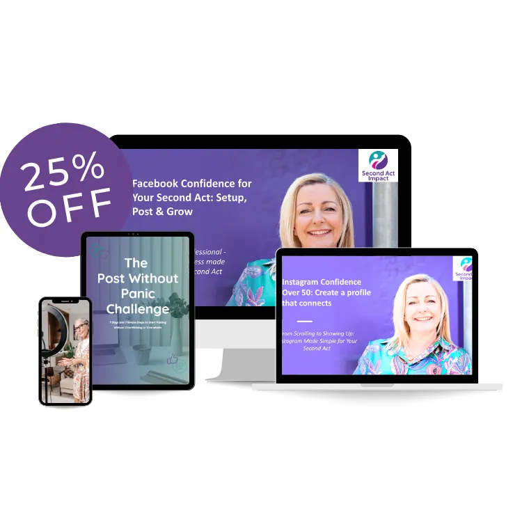 A combination of screens showing the online mini courses and showing a 25% off price banner