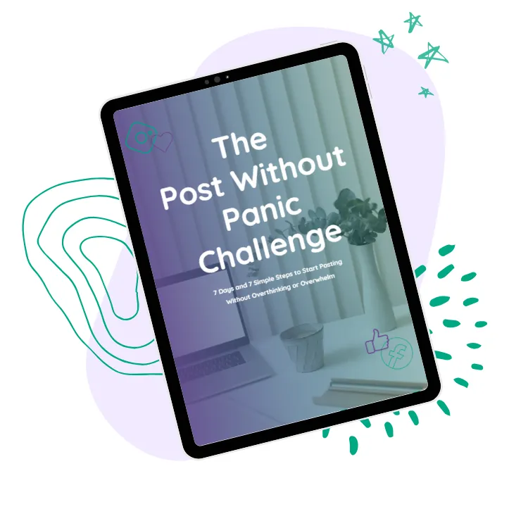 A tablet screen showing the cover f the Post without Panic Challenge