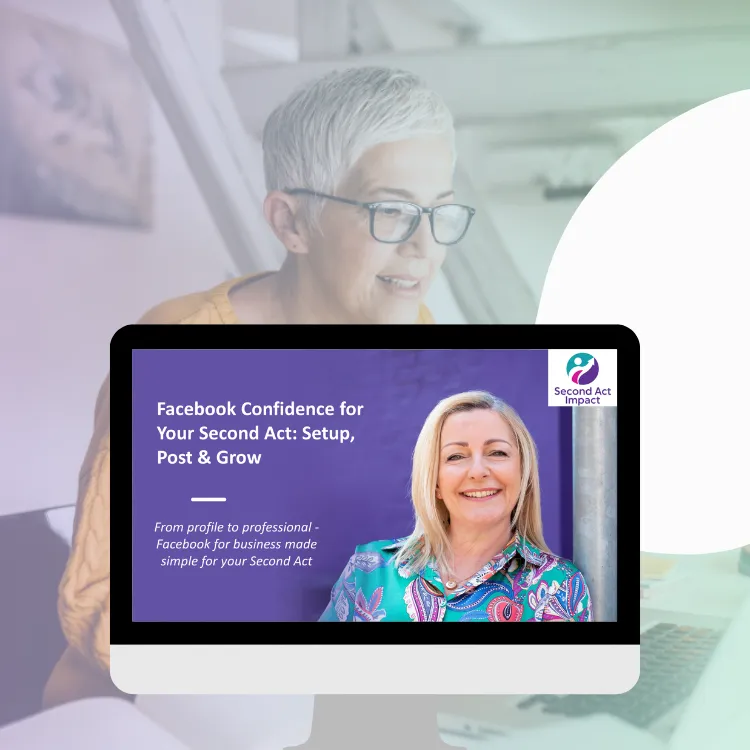 Laptop screen with cover of Facebook Confidence Course. Over 50 lady on a laptop is the background
