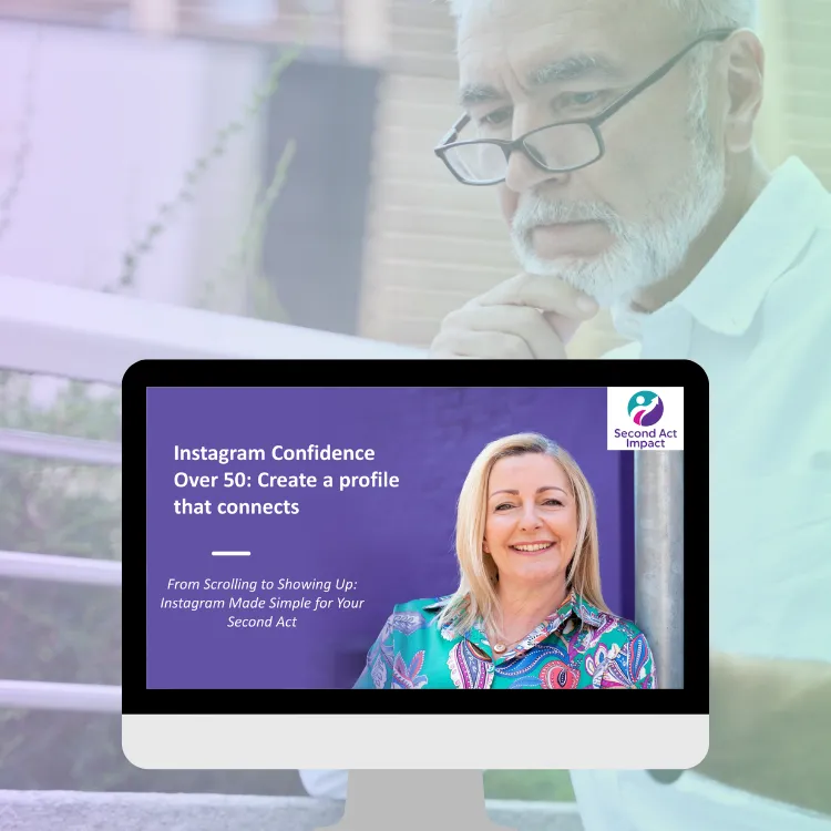 Laptop screen with cover of Instagram Confidence Course. Over 50 man on his phone is the background