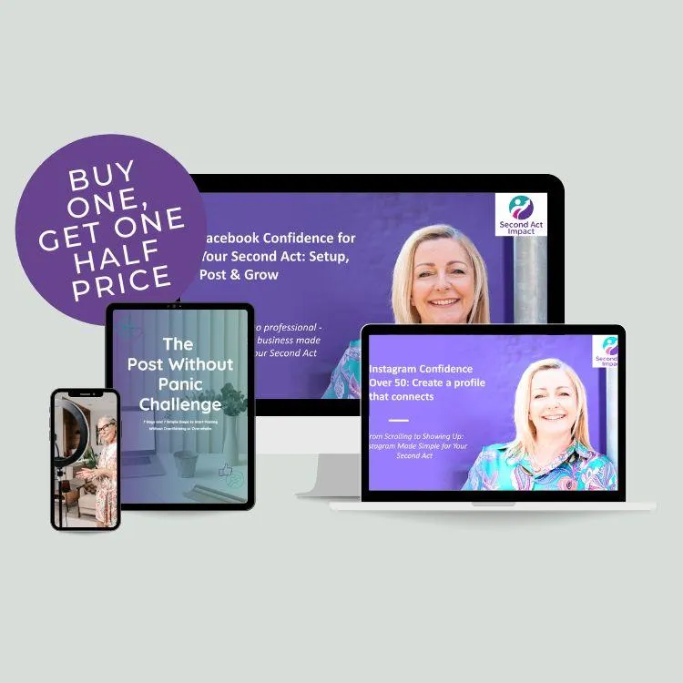 A combination of screens showing the online mini courses and showing a 25% off price banner