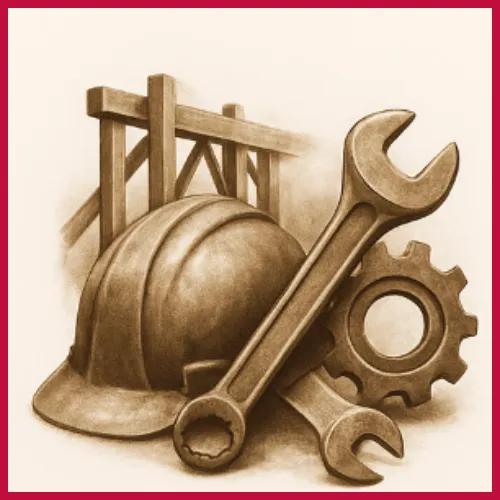 Construction tools including hard hat, wrench, and gear representing HVAC system installation and new construction HVAC services in Texas.