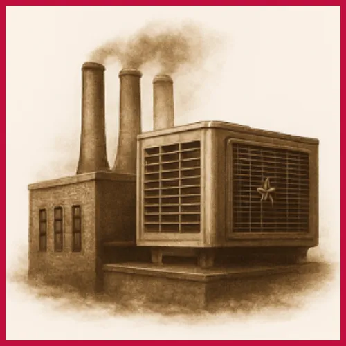 Industrial HVAC illustration showing a factory and large-scale cooling system, representing commercial HVAC services in North Texas.