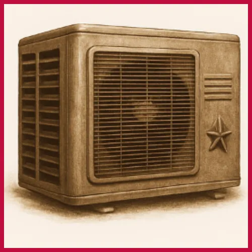 Air conditioning unit with Texas star emblem, representing residential A/C installation and energy-efficient cooling systems.