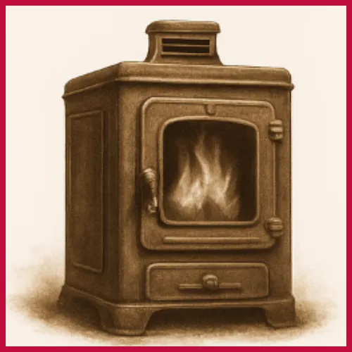 Old-fashioned furnace or heater illustration with visible flame, symbolizing heating services, furnace repair, and winter system prep.