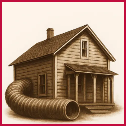 Illustration of a residential home with an air duct, symbolizing home HVAC system installation and airflow management in North Texas.