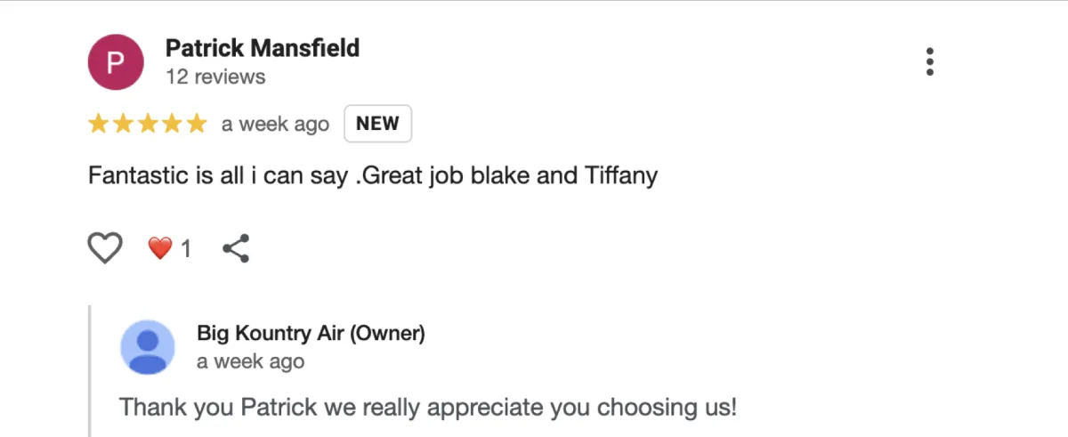 Screenshot of a 5-star Google review for Big Kountry Air highlighting fast HVAC repair and honest service in McKinney, Frisco, Allen, and Collin County