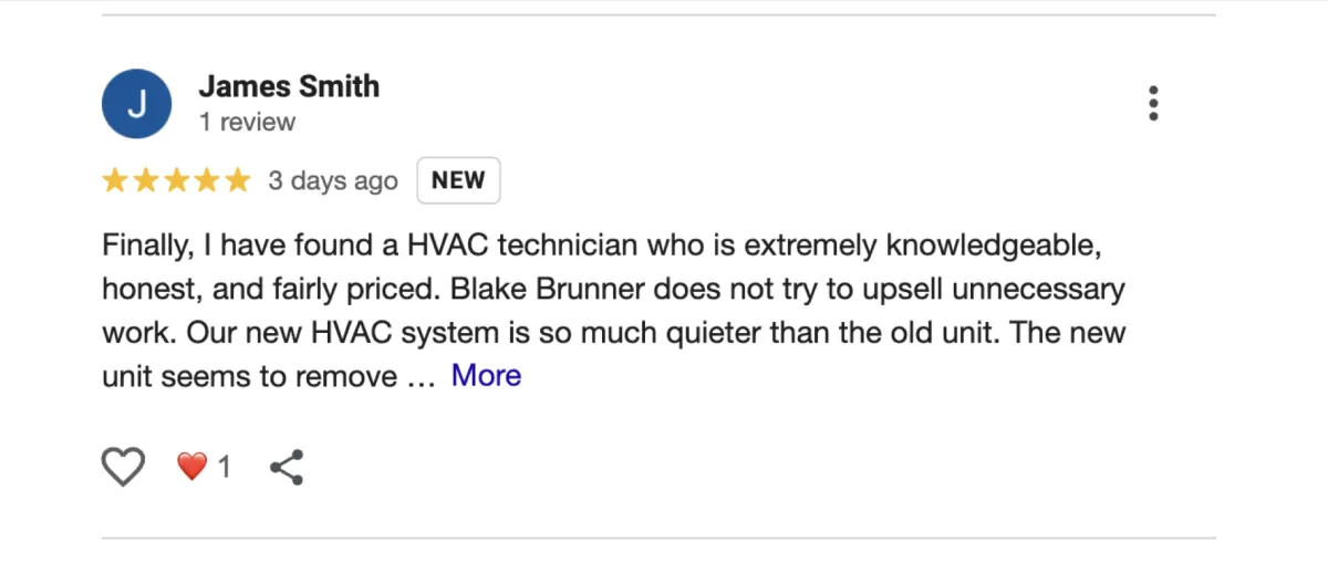 Screenshot of a 5-star Google review for Big Kountry Air highlighting fast HVAC repair and honest service in McKinney, Frisco, Allen, and Collin County