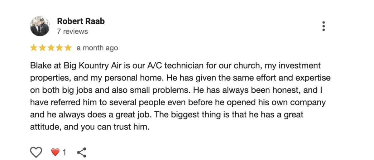 Screenshot of a 5-star Google review for Big Kountry Air highlighting fast HVAC repair and honest service in McKinney, Frisco, Allen, and Collin County