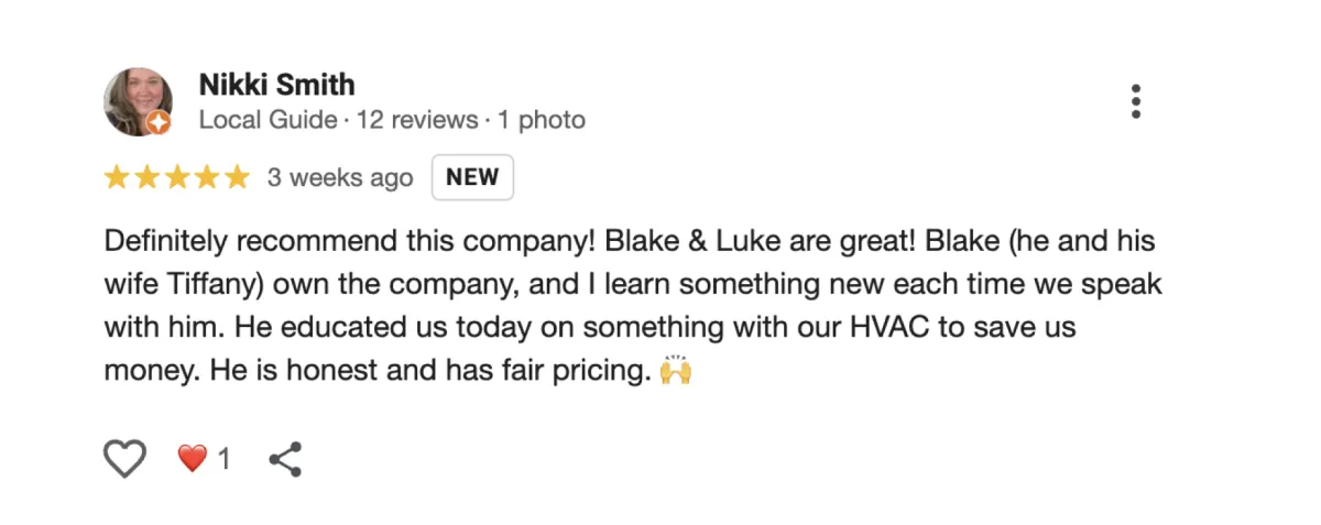 Screenshot of a 5-star Google review for Big Kountry Air highlighting fast HVAC repair and honest service in McKinney, Frisco, Allen, and Collin County