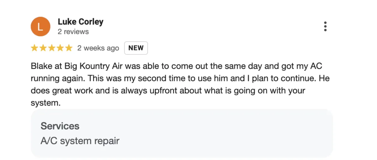 Screenshot of a 5-star Google review for Big Kountry Air highlighting fast HVAC repair and honest service in McKinney, Frisco, Allen, and Collin County