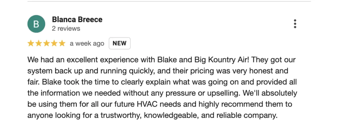 Screenshot of a 5-star Google review for Big Kountry Air highlighting fast HVAC repair and honest service in McKinney, Frisco, Allen, and Collin County