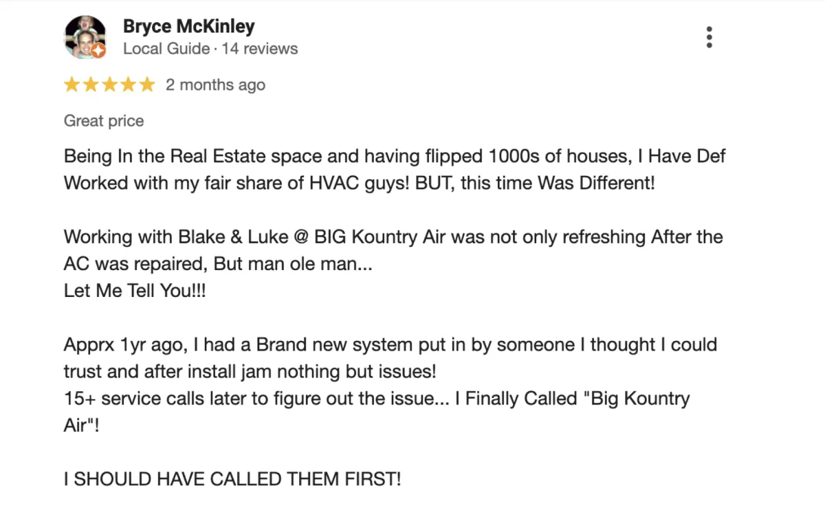 Screenshot of a 5-star Google review for Big Kountry Air highlighting fast HVAC repair and honest service in McKinney, Frisco, Allen, and Collin County