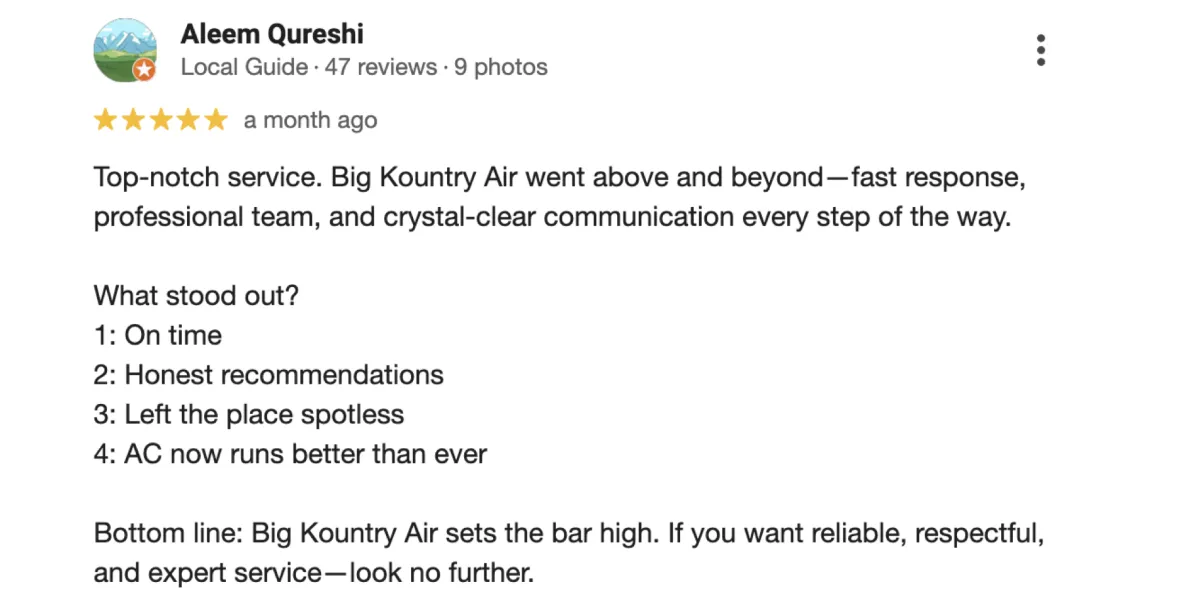 Screenshot of a 5-star Google review for Big Kountry Air highlighting fast HVAC repair and honest service in McKinney, Frisco, Allen, and Collin County