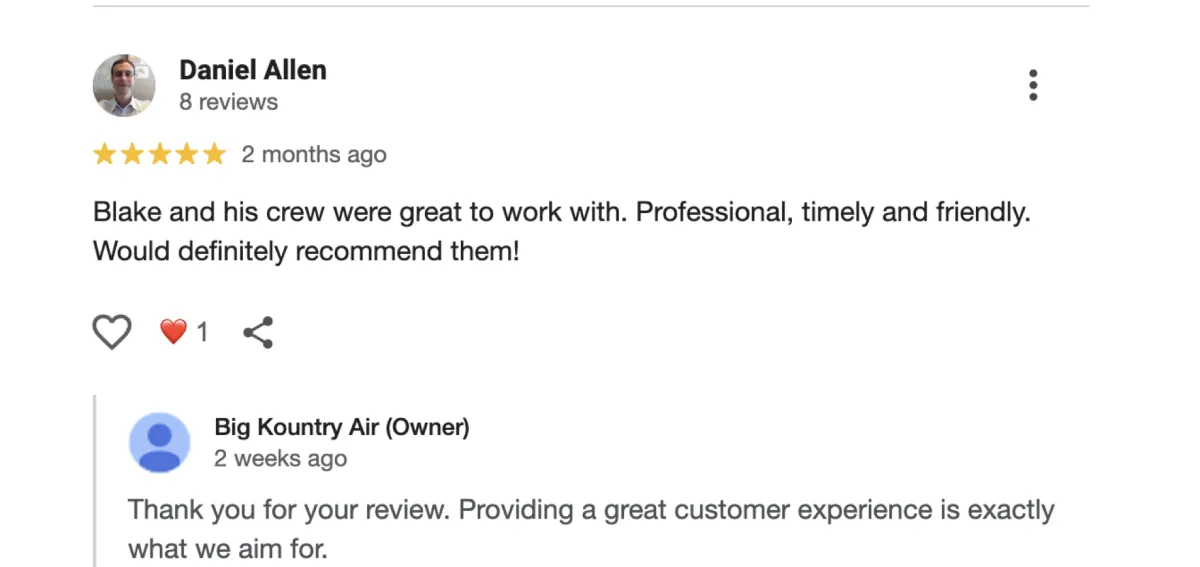 Screenshot of a 5-star Google review for Big Kountry Air highlighting fast HVAC repair and honest service in McKinney, Frisco, Allen, and Collin County