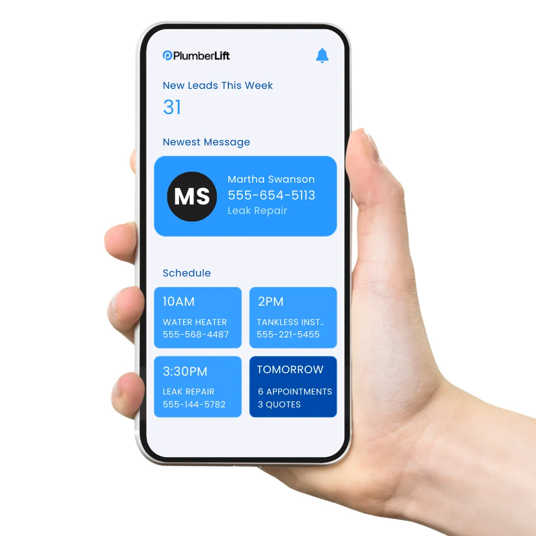 plumberlift app shows you new leads, reply to reviews, message with customers, nurture leads, all with a sleek UI you can try for free