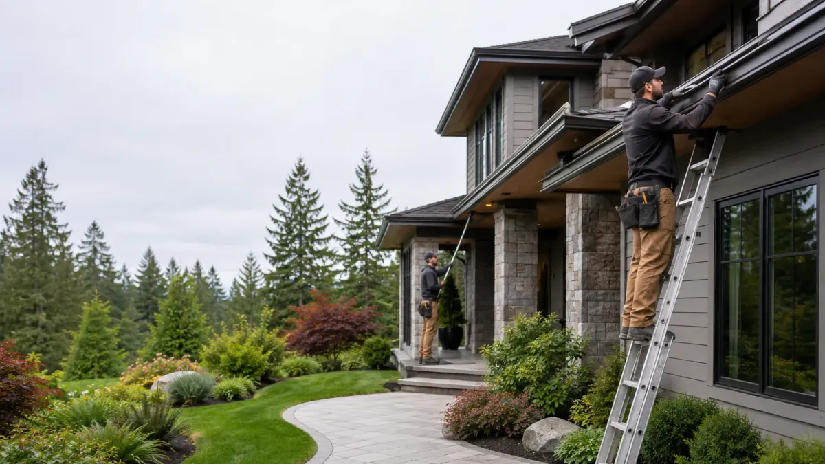 Gutter maintenance professionals inspecting and servicing seamless gutters on a premium Kent residence with clean rooflines and refined landscaping.