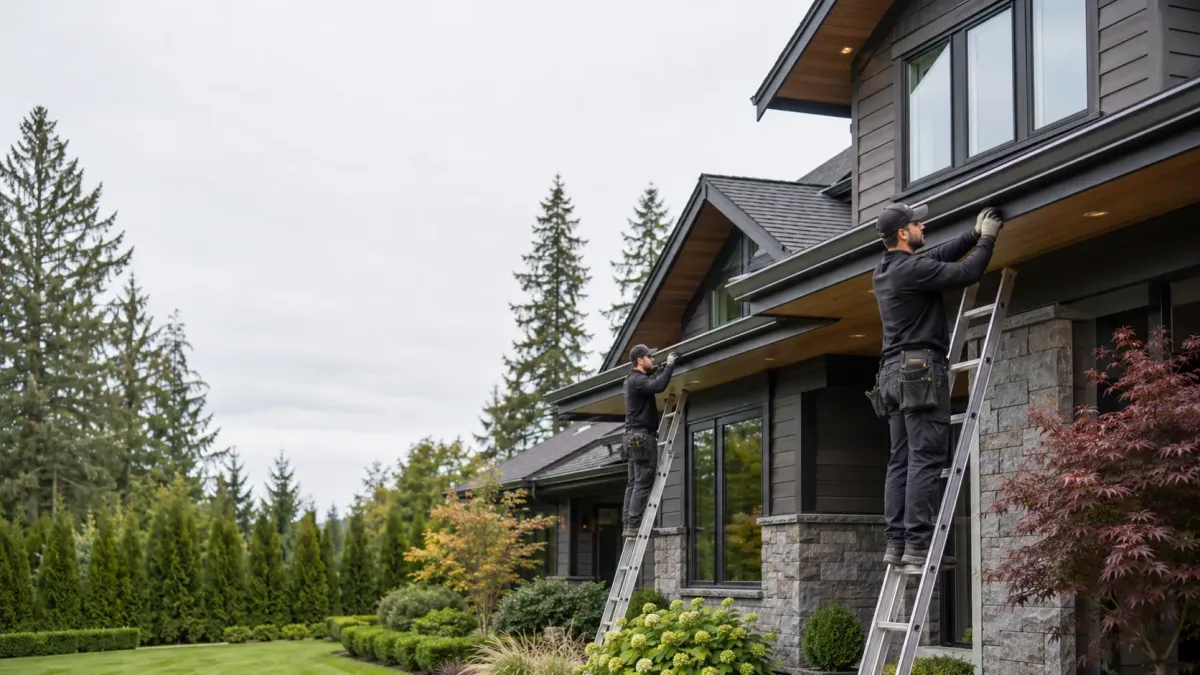 Gutter repair technicians restoring and aligning seamless gutters on a premium Kent home with manicured landscaping and modern Northwest architecture.