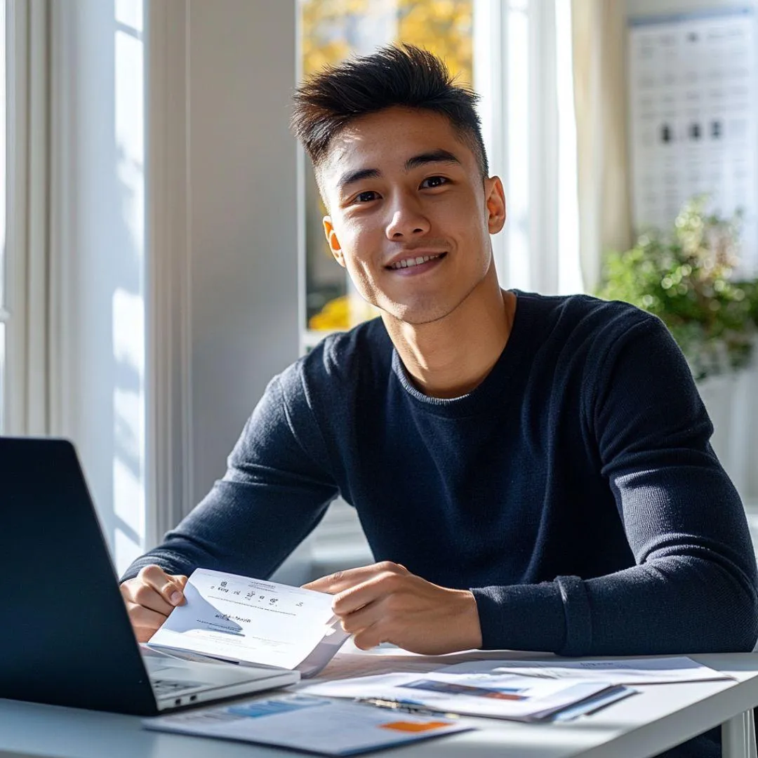Smiling college student planning academic goals with laptop and paperwork, guided by The Online College Coach to choose the right school and major after getting his CLEP strategy.