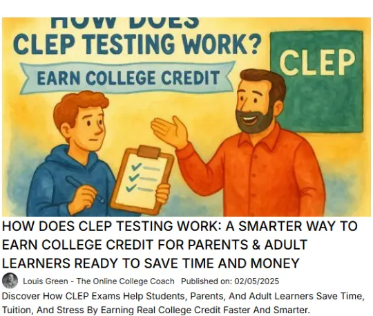 Illustration of a teen showing a CLEP notebook to a smiling adult — explains how CLEP exams can help parents and adult learners earn college credit faster and cheaper.
