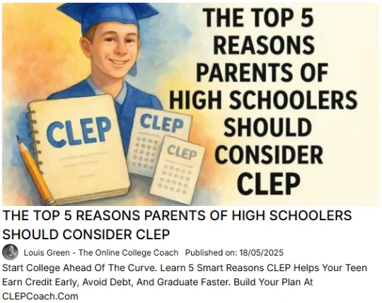 Illustrated teen holding CLEP textbooks and smiling in graduation cap — highlights benefits of CLEP for parents of high school students looking to save on college costs.