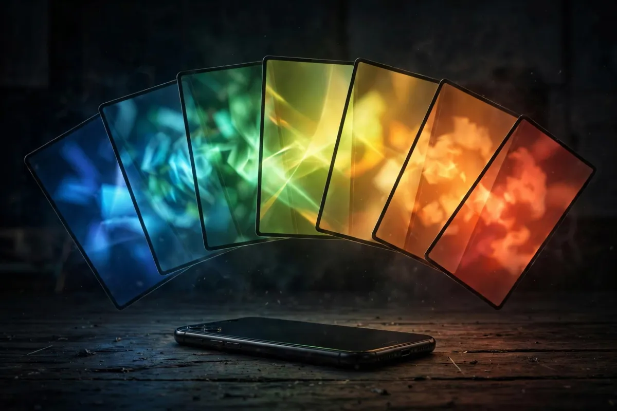 Assorted glowing ad screens fanning out from one phone in a dark room, each showing a different colorful design