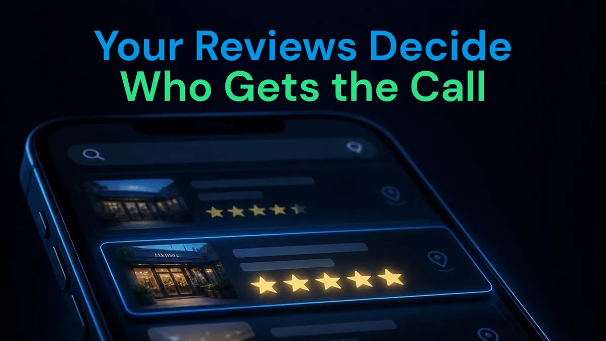 Glowing five-star rating above a smartphone in a dark room with the headline Your Reviews Decide Who Gets the Call