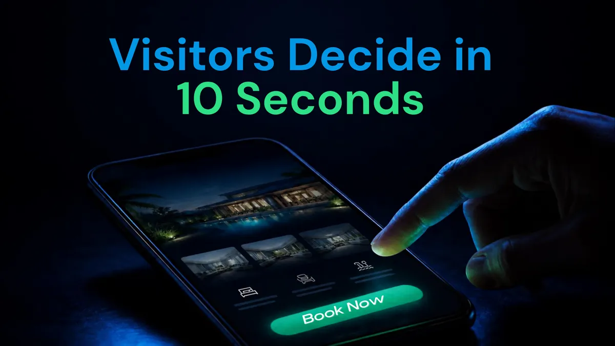 Smartphone glowing in a dark room showing a website with a green Book Now button and the headline Visitors Decide in 10 Seconds
