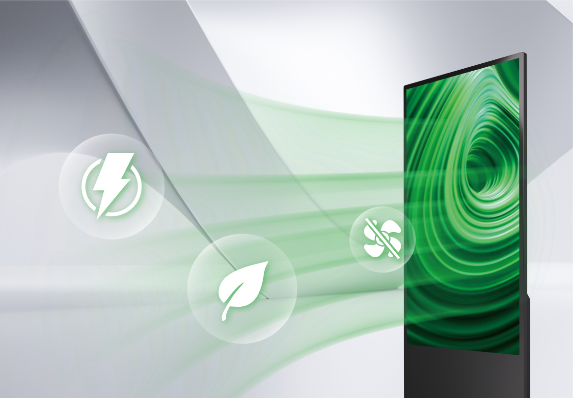 Energy efficient and reliable 24/7 operation for floor-standing digital signage